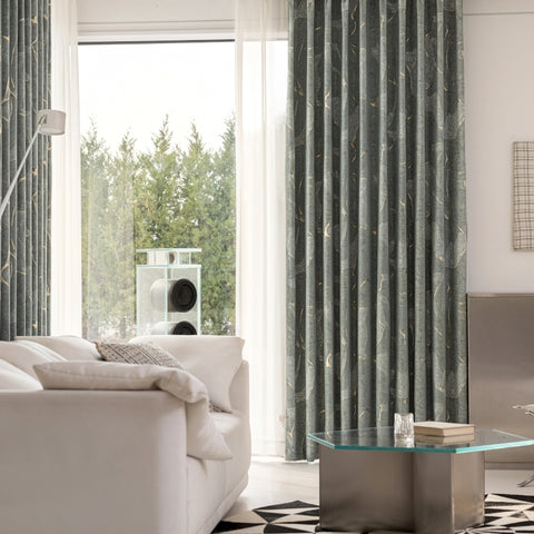 Cortina azul con estampado de madera dorada para salón