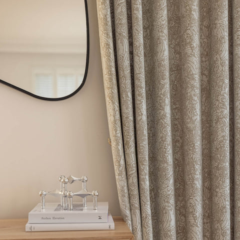 Cortina opaca jacquard de lino y algodón beige de lujo