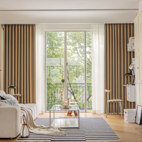 Cortina opaca geométrica de chenilla beige