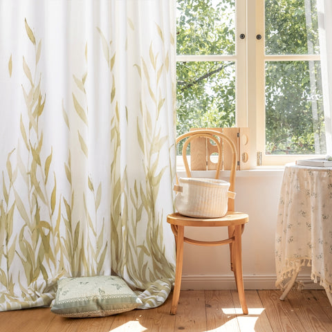 Cortina transparente blanca con estampado de hojas verdes para sala de estar