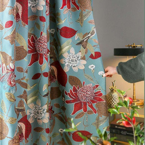 Cortina jacquard flores rojas y pájaros estilo clásico