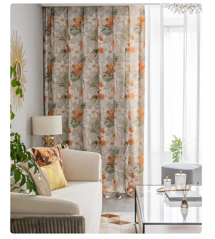 Cortina Gris Con Patrones De Flores Naranjas