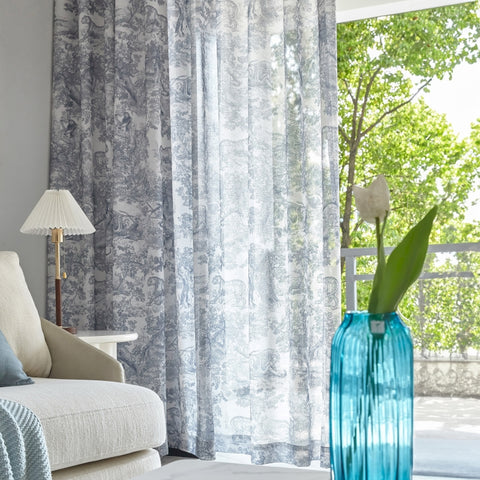 Visillo estampado estilo toile de Jouy gris