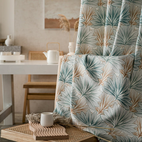 Cortina de chenilla de follaje tropical verde y beige