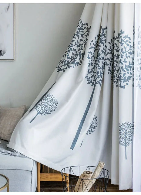 Rideau Blanc Motifs Bleu Fleur